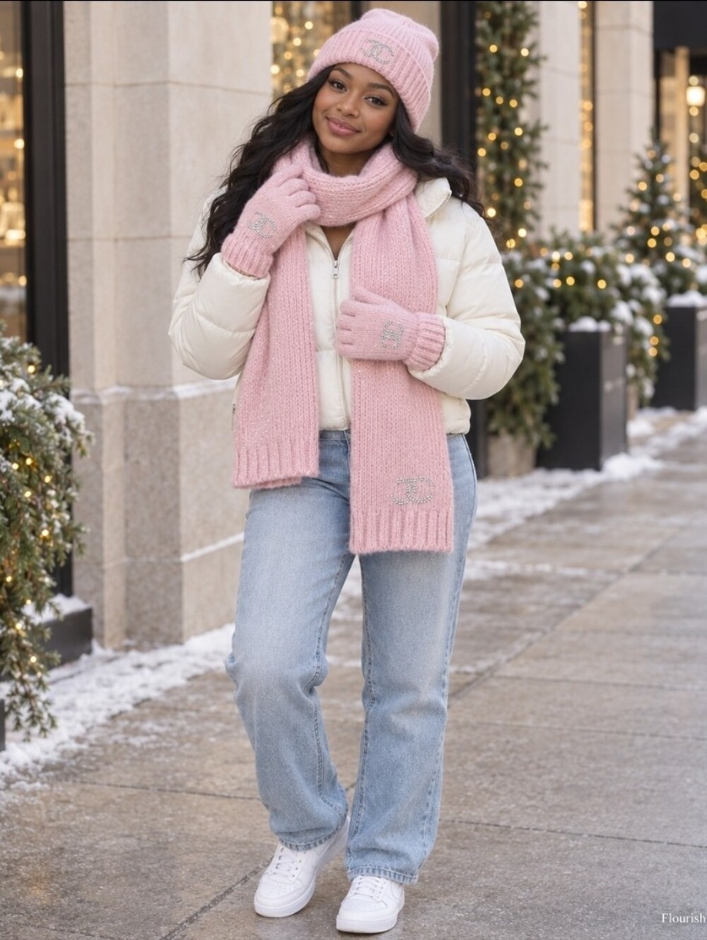NWT Juicy Couture Pink Sparkle Hat Scarf Gloves 3 Piece Gift Set